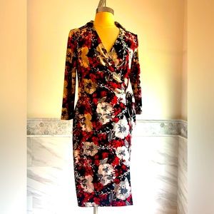 New The Limited Floral Faux Wrap Dress 3/4 Sleeves Red White Stretch Dress S